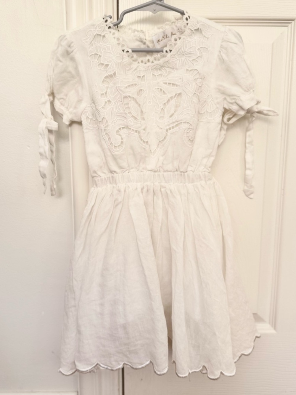 Petit Amalie White linen Eyelet Lace Summer Dress with Tie Sleeves - girls 5t